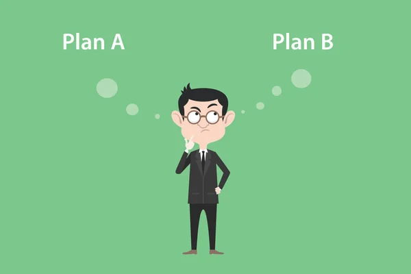 Plan a or plan b concept with businessman standing confuse to choose between two option vector graphic — Stock Vector