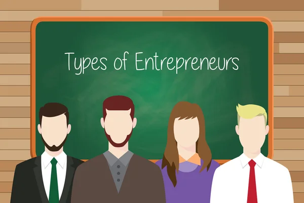 Tipos de empresarios concepto ilustración con tablero verde como fondo y hombre de negocios alineándose en la parte delantera — Vector de stock