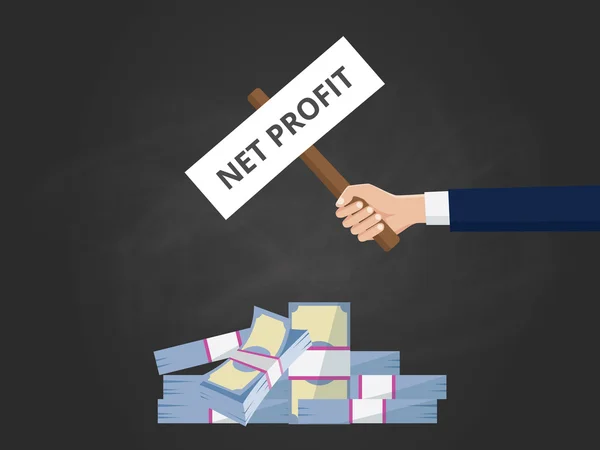 Nettovinsten konceptet illustration med business man hand håller ett tecken papper med kontanta pengar stack — Stock vektor