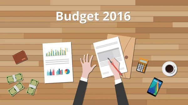 Rozpočet na rok 2016 obrázek s ruční obchodní muž práce na dřevěný stůl s graf a graf a papíru dokumentu s penězi — Stockový vektor