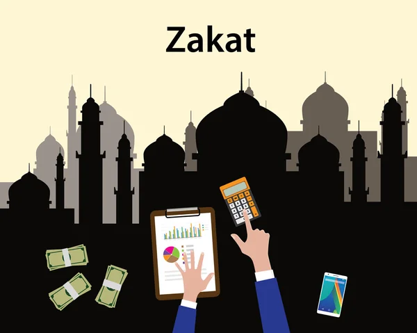 Zakat 개념 이슬람교 이슬람 수 배경으로 모스크와 톱에서 손 볼 수 있는 돈을 계산 — 스톡 벡터