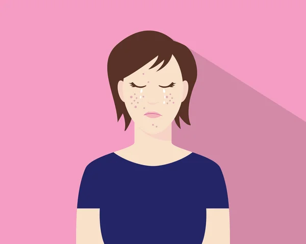 Mulheres chorando por causa de sua acne ou espinha ilustração com fundo rosa —  Vetores de Stock