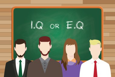 IQ ya da eq entelektüel veya rakip duygusal soru Karşılaştır yazma iş adamı ve iş kadını önünde kurulu