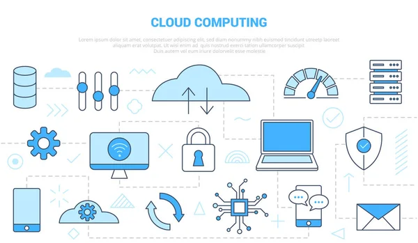 Cloud computing concept met pictogram lijn stijl set sjabloon banner met moderne blauwe kleur — Stockvector