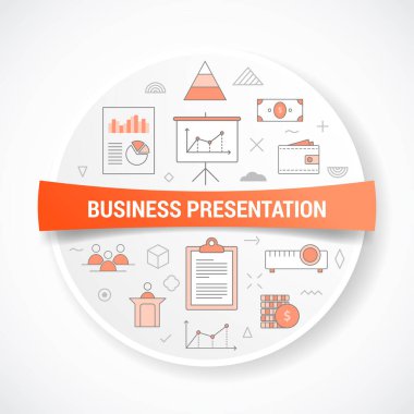 Yuvarlak veya daire şeklindeki vektör illüstrasyonlu simge kavramına sahip iş sunumu