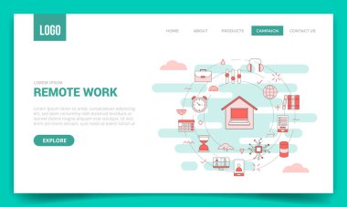 Web sitesi şablonu veya indirme sayfası ana sayfa ana hatlı biçim çizimi için çember simgesi ile uzak çalışma kavramı