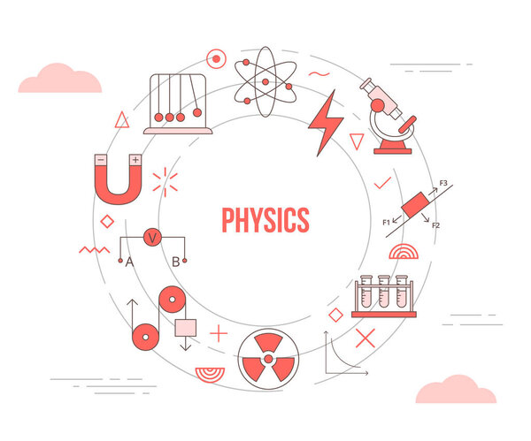 Концепция физики с баннером шаблона иконок с современным оранжевым цветовым стилем и векторной иллюстрацией круглой формы