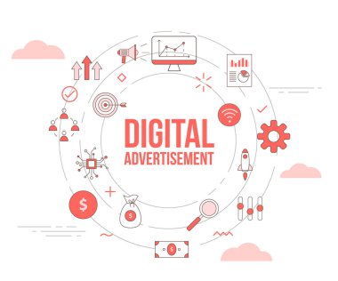 Modern turuncu renk tarzına sahip sembol şablon pankartı ve yuvarlak şekil illüstrasyonuna sahip dijital reklam kavramı