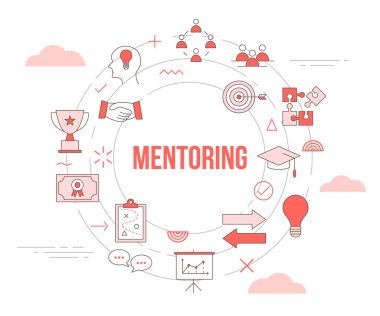 Modern turuncu renk tarzına sahip simge set afişi ve yuvarlak şekil çizimi ile danışmanlık kavramı