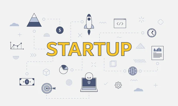 Concetto Startup Business Con Icona Impostata Con Grande Parola Testo — Vettoriale Stock