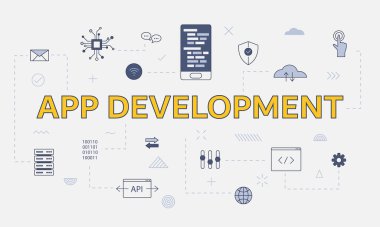 Merkezi vektör illüstrasyonunda büyük sözcük ya da metin içeren simge setiyle mobil uygulama geliştirme kavramı