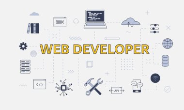 Merkezi vektör illüstrasyonunda büyük sözcük veya metin içeren site geliştirme kavramı