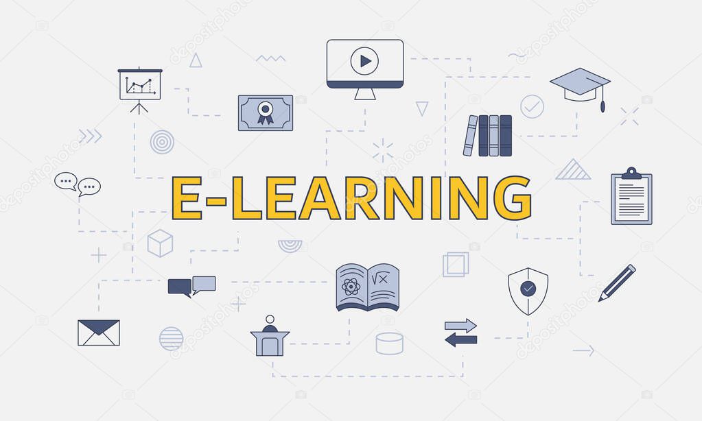 e-learning concept with icon set with big word or text on center vector illustration