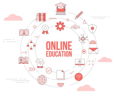 Simge şablon pankartı ve yuvarlak şekil çizimi ile çevrimiçi eğitim kavramı
