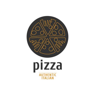 Vektör logo, tasarım öğesi pizza, pizza, pizza teslimi, bir İtalyan restoranı. Dilim pizza kapma eller