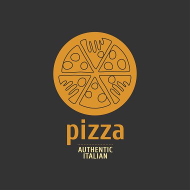 Vektör logo, tasarım öğesi pizza, pizza, pizza teslimi, bir İtalyan restoranı. Dilim pizza kapma eller