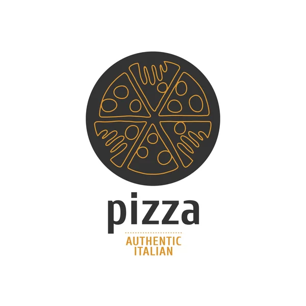 Διάνυσμα λογότυπο, στοιχείο του σχεδιασμού για πίτσα, πιτσαρία, πίτσα παράδοση, ιταλικό εστιατόριο. Χέρια αρπάζοντας φέτες πίτσα — Διανυσματικό Αρχείο