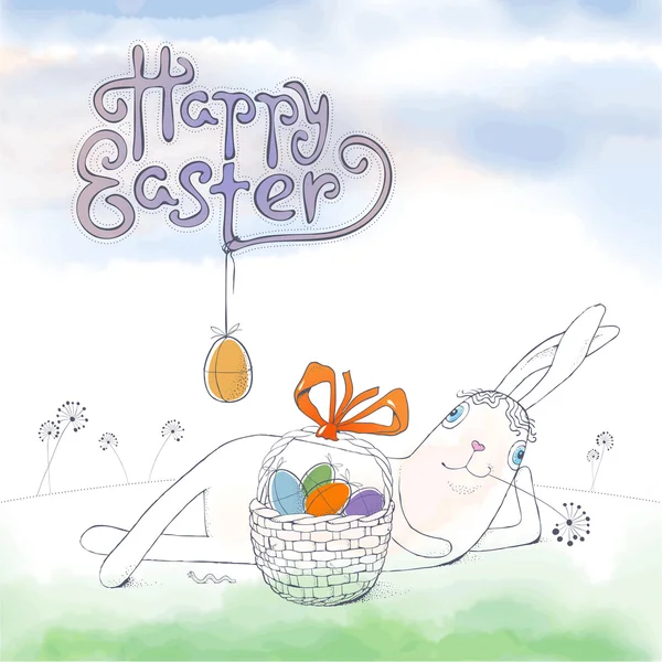 Feliz Pascua tarjeta de felicitación de vector lindo con conejito de Pascua — Vector de stock