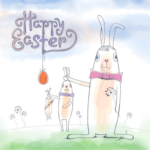 Happy Easter cute vector greeting card with Easter Bunny