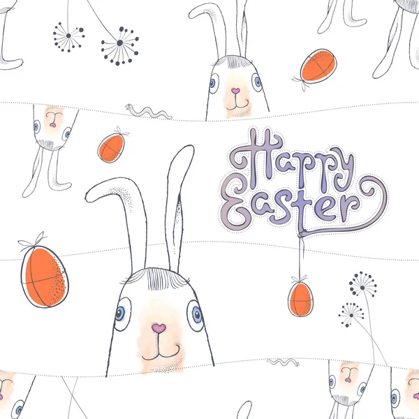 Cartolina d'auguri di Pasqua di disegnato a mano in formato vettoriale. Uova di Pasqua e coniglietti di Pasqua. — Vettoriale Stock