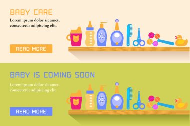 Collection of two banners with baby care, cute vector style