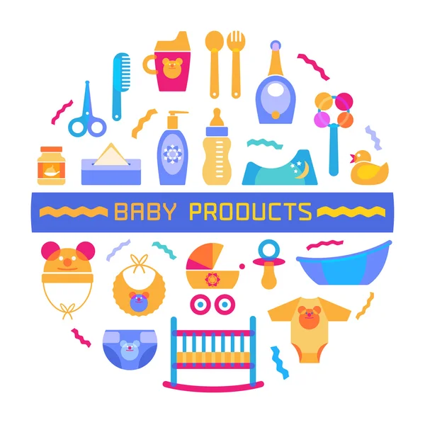 Elemento de design de bebê com produtos diferentes, dispostos em um círculo e o sinal — Vetor de Stock