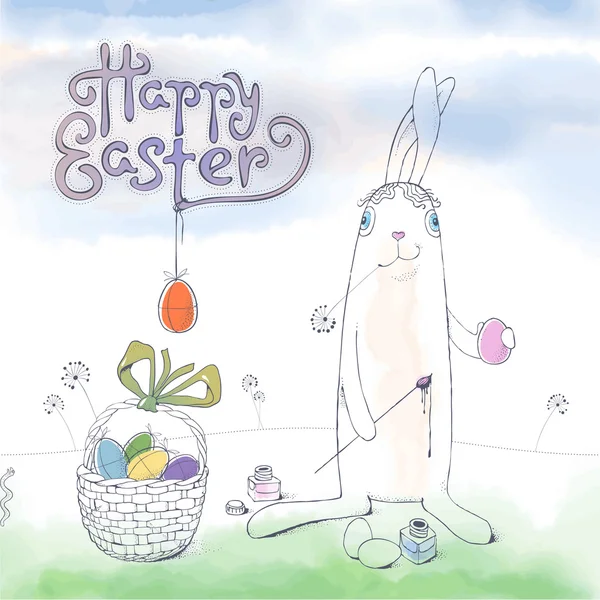 Cartolina d'auguri di vettore sveglio Pasqua felice con il coniglietto di Pasqua — Vettoriale Stock