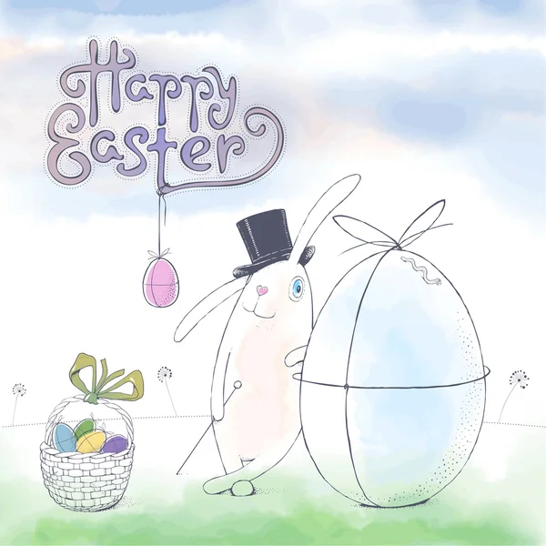 Šťastné Velikonoce cute funny vektor přání s Velikonoční zajíček — Stockový vektor