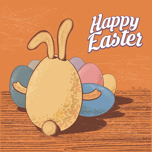 Cartolina d'auguri di buona Pasqua con il coniglietto di Pasqua di vettore di stile vintage. Uova di Pasqua cacciano illustrazione di concetto — Vettoriale Stock