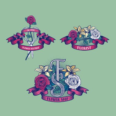 Grunge tarzı çiçek mağazası, çiçekçi vektör logo kümesi