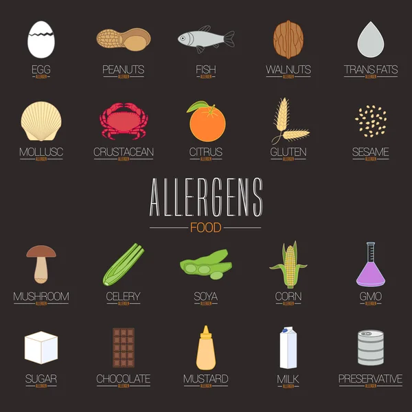 Alimento alergênico ícones vector set. — Vetor de Stock