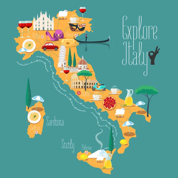 Mapa de ilustração vetorial de Itália, projeto. Ícones com Marcos italianos —  Vetores de Stock