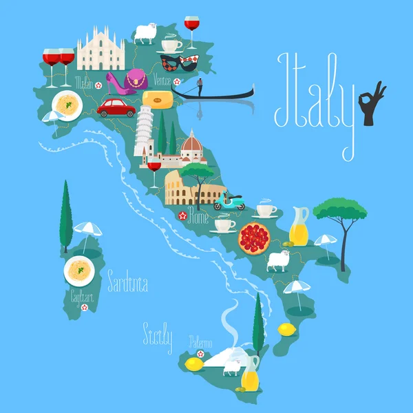 Mapa Itálie vektorové ilustrace, design. Ikony s italské památky — Stockový vektor