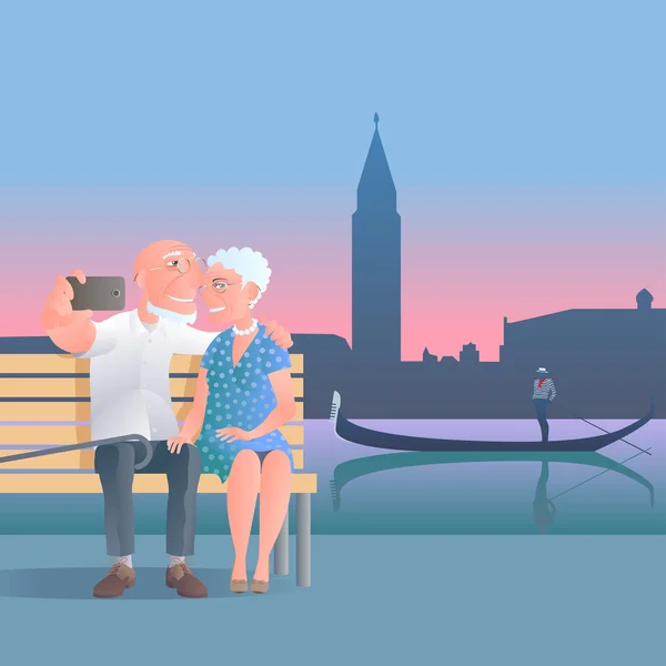 Personas de edad avanzada viajan a Italia, Ilustración de vector de Venecia — Vector de stock