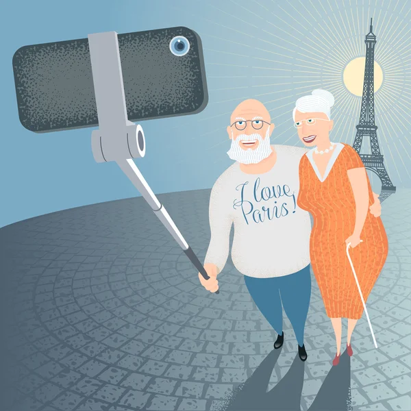 Groep van oude mensen maken selfie foto met smartphone — Stockvector
