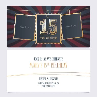 15. yıl dönümü partisi davetiye vektör şablonu. 15. yaş günü kartı için fotoğraf çerçeveli resim, davet