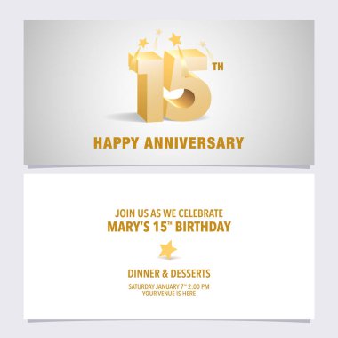 15. yıl dönümü davetiye kartı çizimi. 15. yaş günü partisi daveti için zarif 3D harfli şablon ögesi tasarla