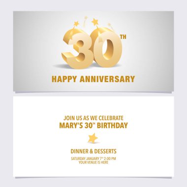 30 'uncu yıl dönümü davetiye kartı çizimi. 30. yaş günü partisi daveti için zarif 3D harfli şablon ögesi tasarla
