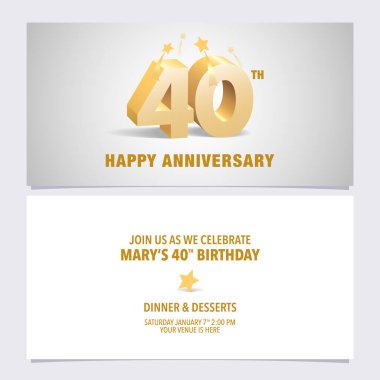 40. yıl dönümü davetiye kartı çizimi. 40. yaş günü partisi daveti için zarif 3D harfli şablon ögesi tasarla