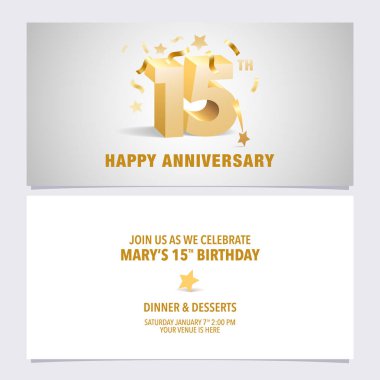 15. yıl dönümü davetiye kartı çizimi. 15. yaş günü partisi daveti için altın rengi hacimli şablon tasarımı
