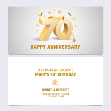 70 'inci yıl dönümü davetiye kartı çizimi. 70. yaş günü partisi daveti için altın renkli hacim harfleriyle şablon tasarımı