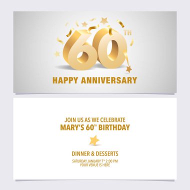 60 'ıncı yıl dönümü davetiye kartı çizimi. 60. yaş günü partisi daveti için altın renkli hacim harfleriyle şablon tasarımı