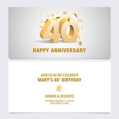 40. yıl dönümü davetiye kartı çizimi. 40. yaş günü partisi daveti için altın renkli hacimli harflerle şablon tasarımı