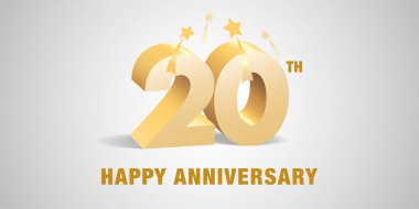 20. yıl dönümü vektör logosu, simge. Şablon afişi, 20. yıldönümü tebrik kartı için 3D altın rakamlar içeren sembol