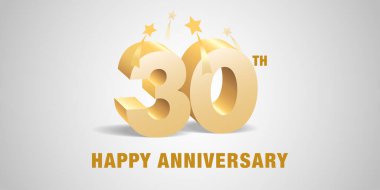 30. yıl dönümü vektör logosu, simge. Şablon afişi, 30. yıldönümü tebrik kartı için 3D altın rakamlar içeren sembol