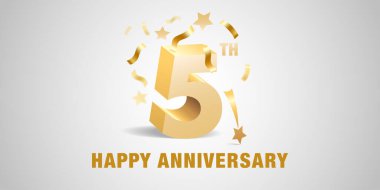 5. yıl dönümü vektör simgesi, logo. 5. yıldönümü için altın 3D rakamlar ve şenlikli grafik tasarım şablonu