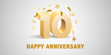 10. yıl dönümü vektör simgesi, logo. 10. yıl dönümü için altın 3D rakamlar ve şablon tasarımı