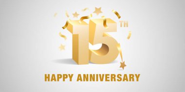 15. yıl dönümü vektör simgesi, logo. 15. yıldönümü için altın 3D rakamlar ve şenlikli grafik tasarım şablonu