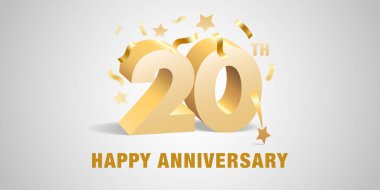 20. yıl dönümü vektör simgesi, logo. 20. yıl dönümü için altın 3D rakamlar ve şenlikli grafik tasarım şablonu