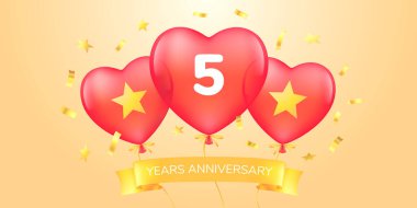 5. yıl dönümü vektör logosu, simge. 5. yıldönümü tebrik kartı için sıcak hava balonlu şablon afişi.